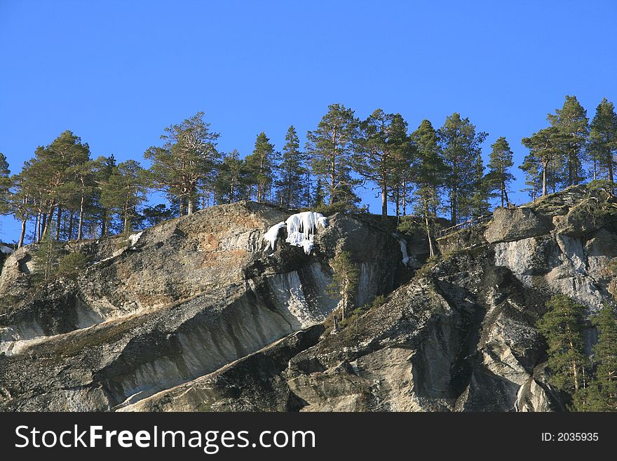 Steep cliffs with pine trees against the blue sky