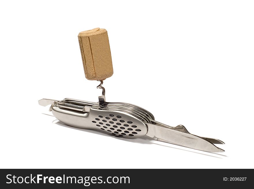 Series object on white: isolated flic knife with corkscrew