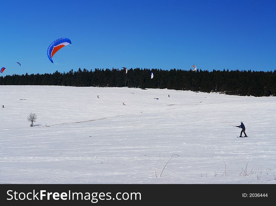 Snow kiting at mountains in Czech republic
