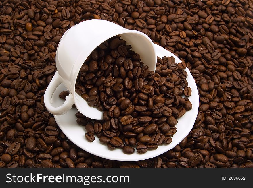 Cup with coffee beans on coffee crops background. Cup with coffee beans on coffee crops background