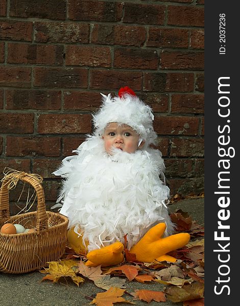 Image of baby wearing a chicken costume, sitting next to a basket of eggs. Image of baby wearing a chicken costume, sitting next to a basket of eggs