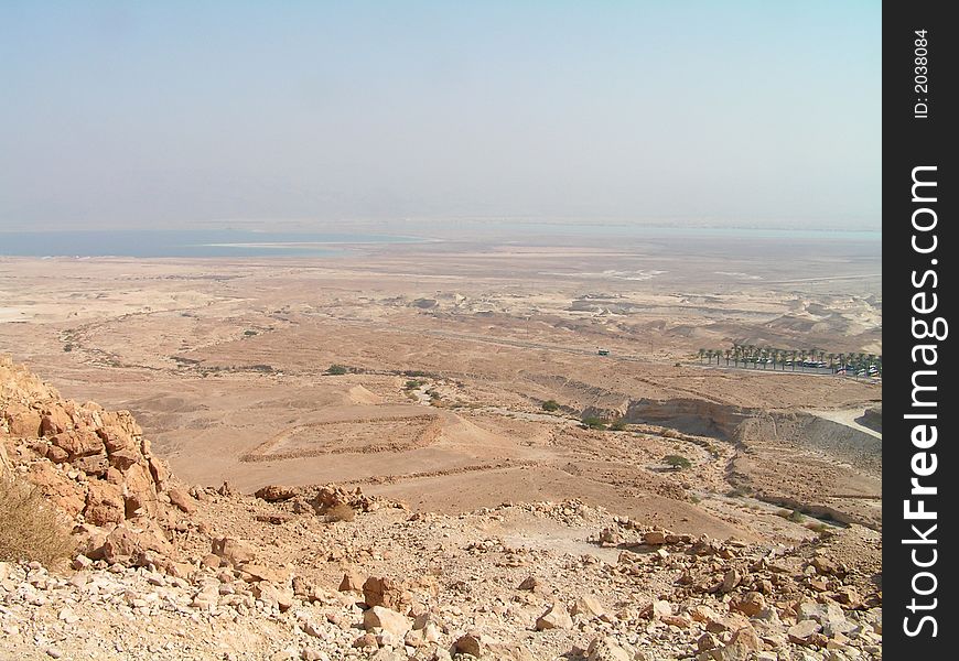 Roman fortification, masada park and dead sea view from masada fortress. Roman fortification, masada park and dead sea view from masada fortress.