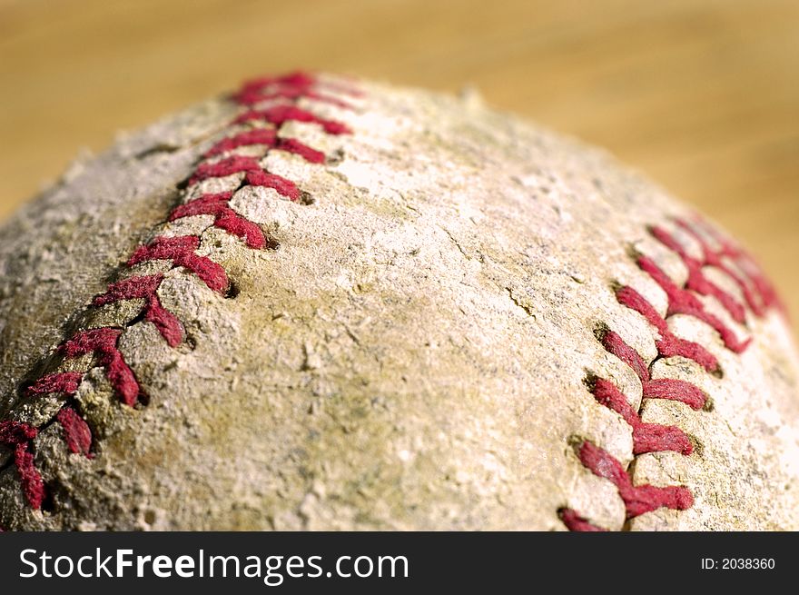 Detail closeup of a worn baseball