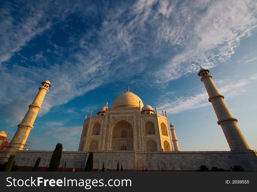 Close-up of Taj Mahal outside with deep blue sky. Close-up of Taj Mahal outside with deep blue sky