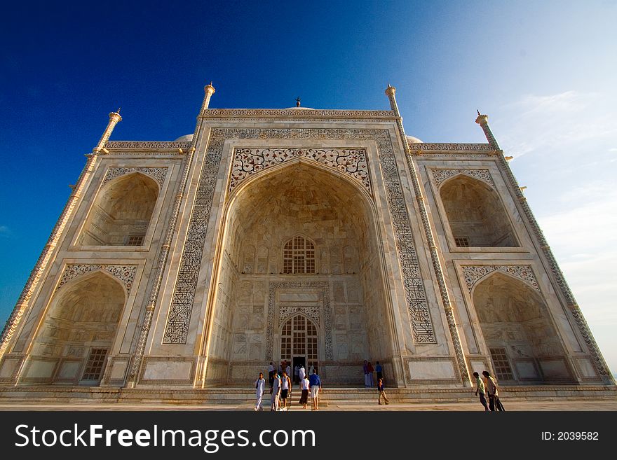 Close-up of Taj Mahal outside with deep blue sky. Close-up of Taj Mahal outside with deep blue sky