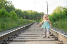 Adorable Girl Walk Along Rails Royalty Free Stock Photos Adorable Girl Walk Along Rails Royalty Free Stock Photos