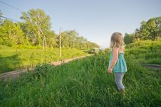 Adorable Girl Stay On Hill And Look To Train Royalty Free Stock Photography Adorable Girl Stay On Hill And Look To Train Royalty Free Stock Photography