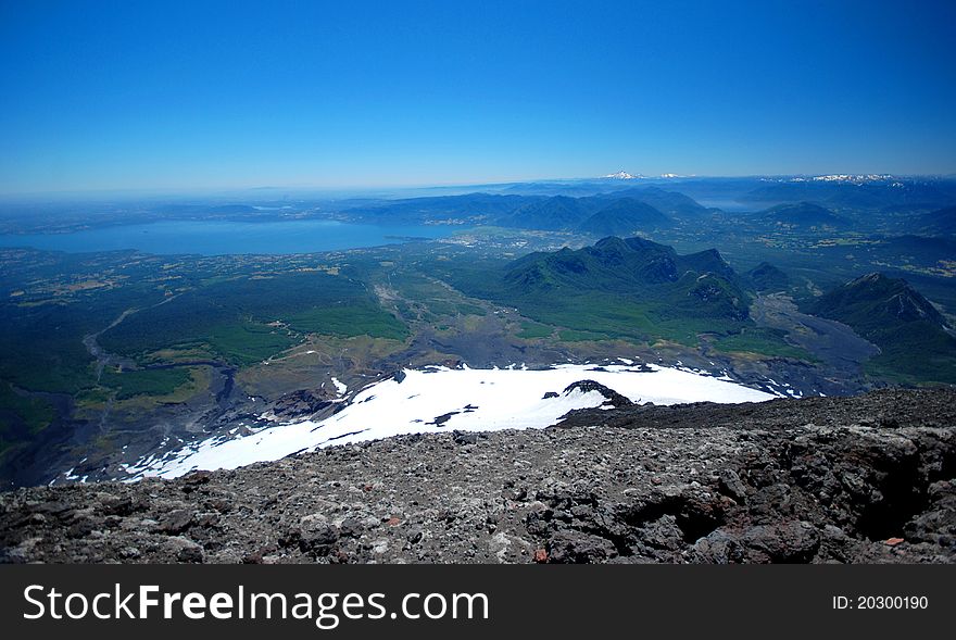 Landscape of Chile that is seen from the top of the Villarica volcano in Pucon, Chile