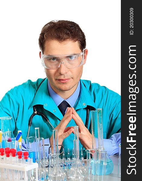 Medical theme: scientist is working in a laboratory. Isolated over white. Medical theme: scientist is working in a laboratory. Isolated over white.