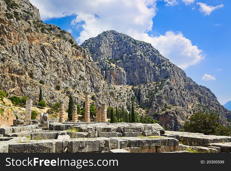 Ruins of Apollo temple in Delphi, Greece - archaeology background