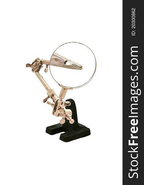 Magnifying glass with a clamp on the stand on a white background