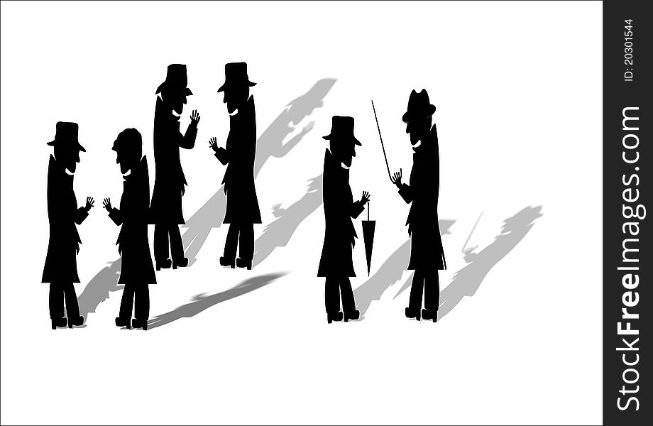 Group of men in black with fedoras talking on white