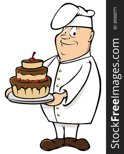 Cartoon illustration of a male chef with a cake. Cartoon illustration of a male chef with a cake