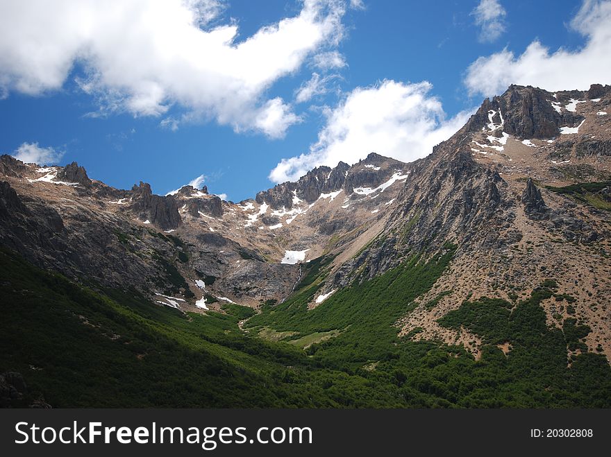 Green Valley With Snow On The Peaks