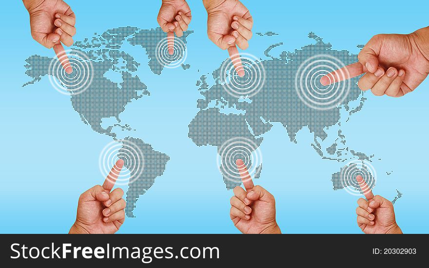 Hand pointing on continent for concept of connectivity