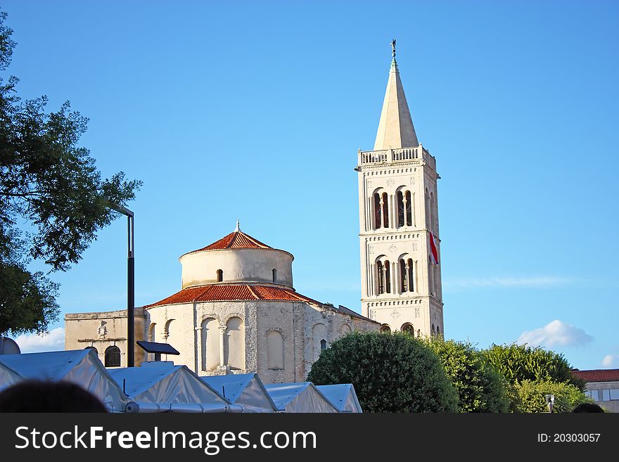 Church of St. Donat and tower of cathedral of St. Anastasia in Zadar, Croatia from 9th century. Church of St. Donat and tower of cathedral of St. Anastasia in Zadar, Croatia from 9th century
