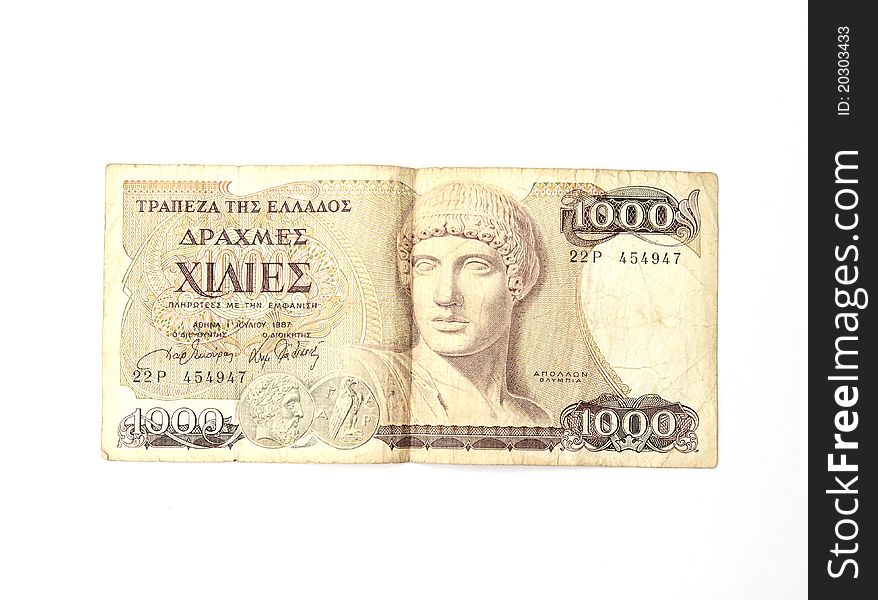 Old Greek drachma banknote isolated on white background