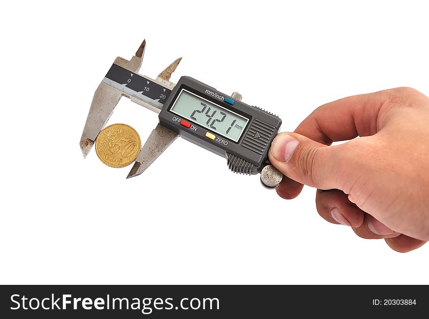 Electronic calipers and money on a white background. Electronic calipers and money on a white background