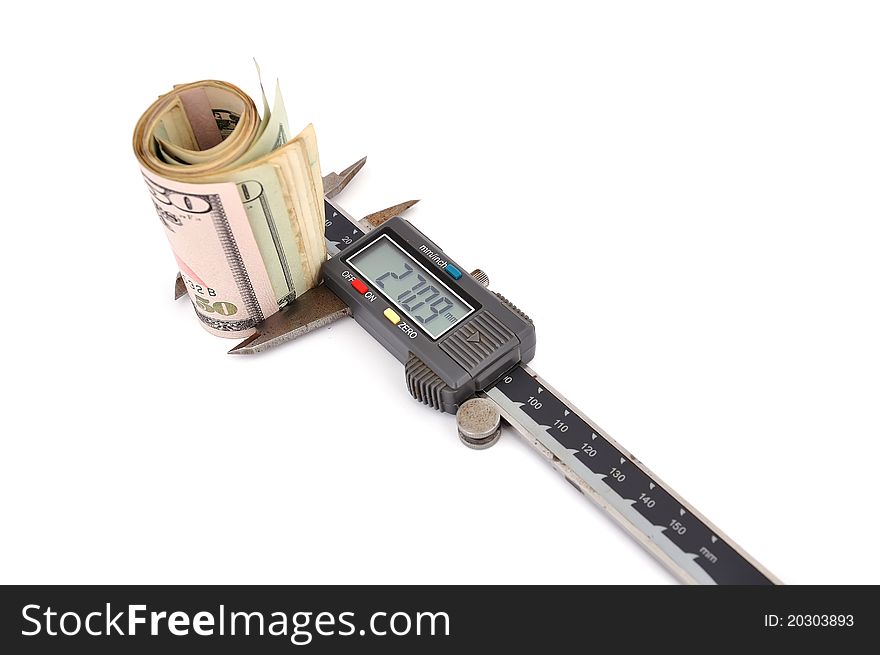 Electronic calipers and money on a white background. Electronic calipers and money on a white background