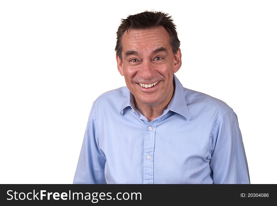 Attractive Middle Age Man in Blue Shirt Laughing with Silly Smile. Attractive Middle Age Man in Blue Shirt Laughing with Silly Smile