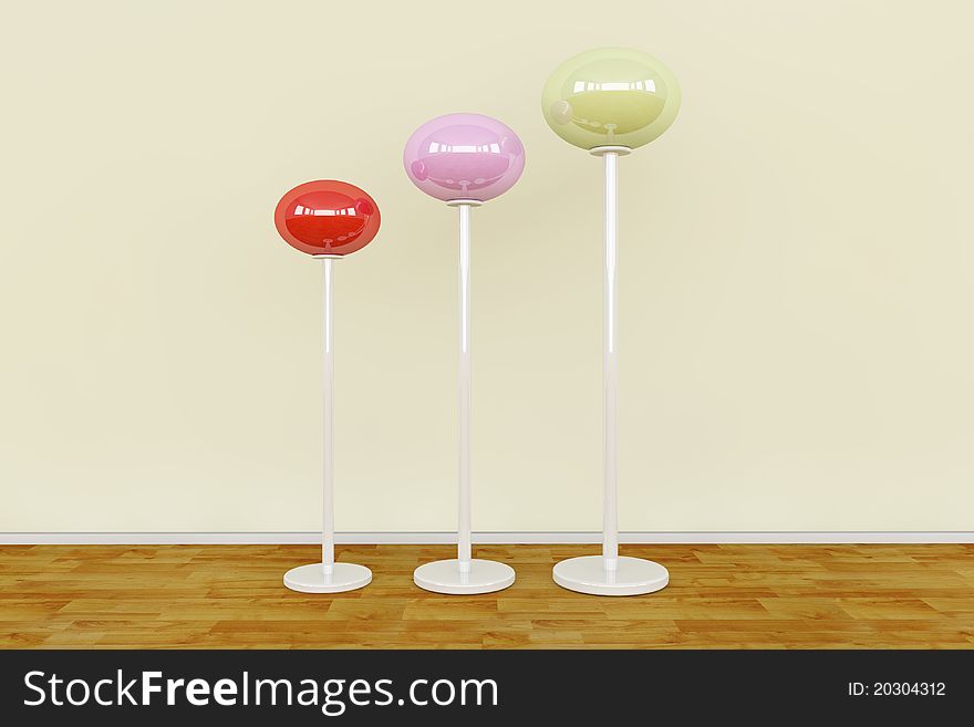 3D render of three modern lamps on a blank room