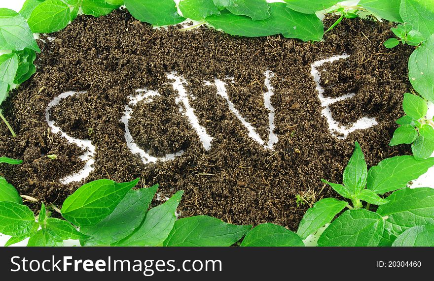 Word save written on soil with leaves. Word save written on soil with leaves