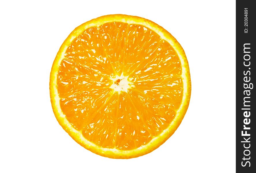 Round fresh orange slice on a white background on which drains the juice