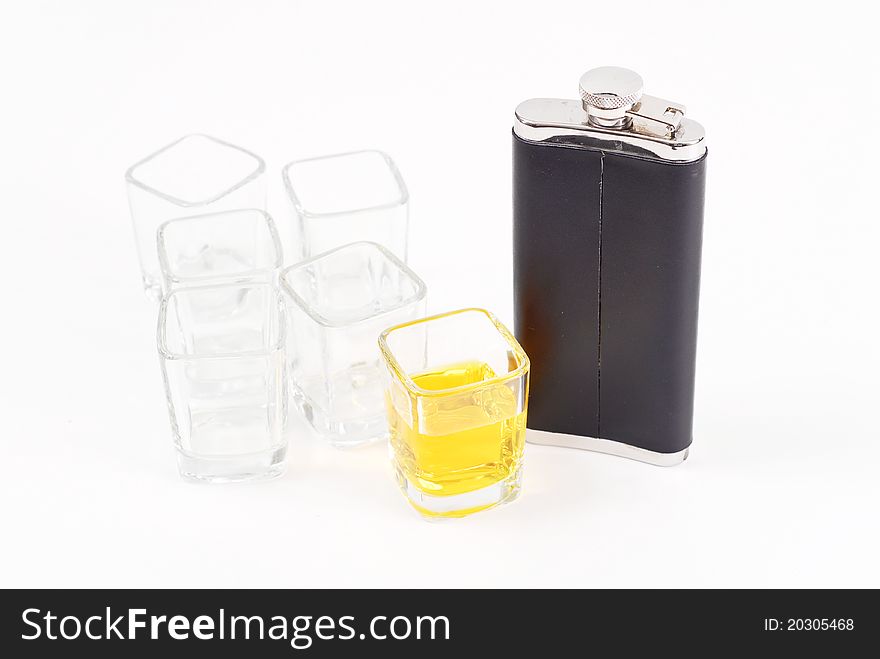 Flask With Shot Glasses And Alcohol. Flask With Shot Glasses And Alcohol