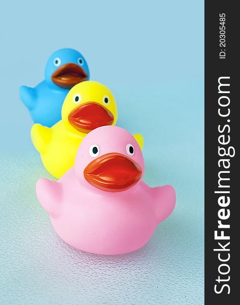Three colored bathtub rubber ducks