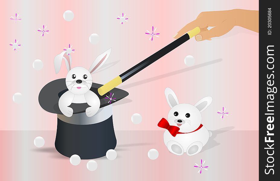 White bunny in a topper and hand holding the magic stick, vector format. White bunny in a topper and hand holding the magic stick, vector format