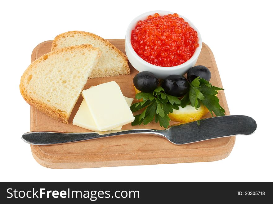 Served caviar, with butter and toasts  isolated on white