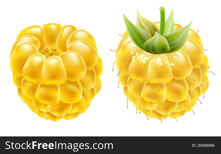 Yellow Ripe Raspberries On A White Background.