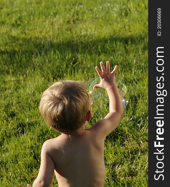 Young male child touching a floating bubble against a grass background. Young male child touching a floating bubble against a grass background