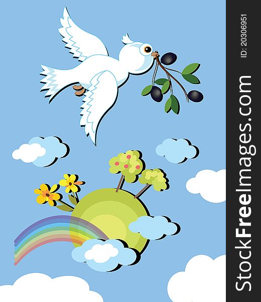 White dove with olive branch in the sky