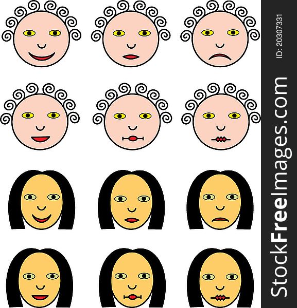 Male and female faces. Smileys. Vector drawing. Male and female faces. Smileys. Vector drawing.