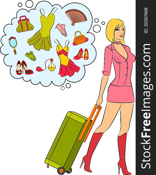 Beautiful girl with suitcase.illustration for a design