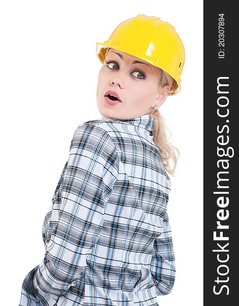 Surprised girl with hard hat - isolated on white background