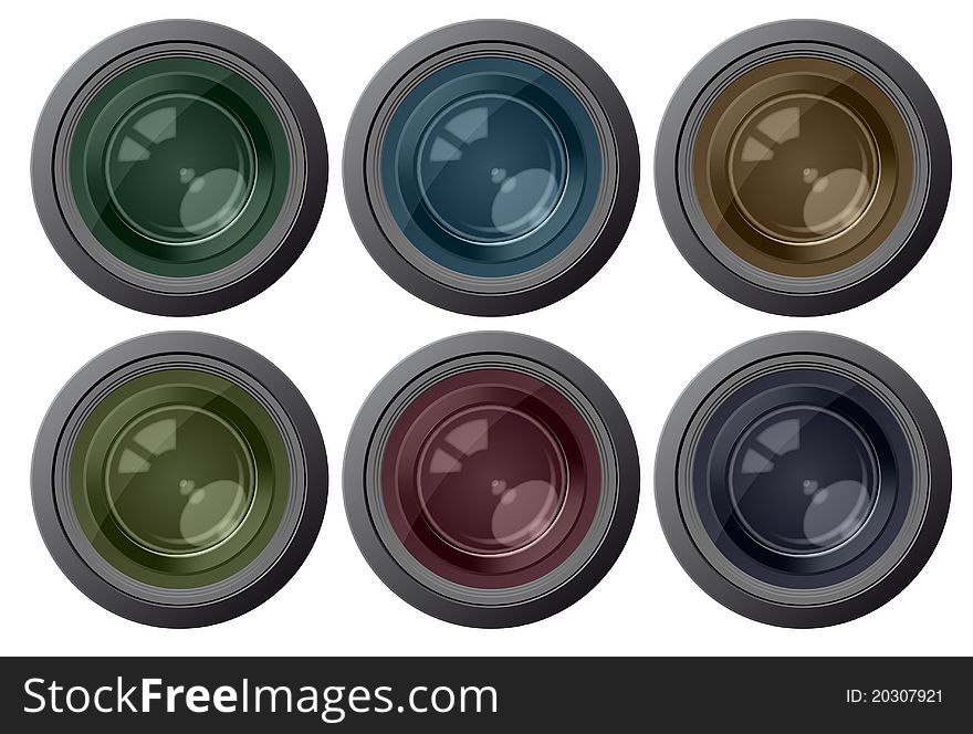 Illustration of set of six color camera lens. Illustration of set of six color camera lens