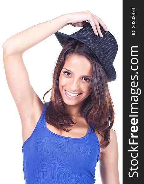 Beautiful woman wearing a black hat and smiling. Beautiful woman wearing a black hat and smiling