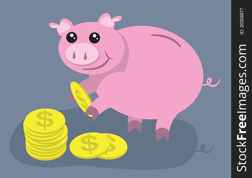 Piggy bank picking up coins.