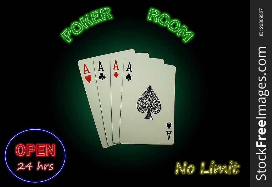 Four Aces spotlighted against a green background with colorful neon (like what you might see outside a poker room) surrounding and highlighted against a black background. Clean, simple and fun. Four Aces spotlighted against a green background with colorful neon (like what you might see outside a poker room) surrounding and highlighted against a black background. Clean, simple and fun.