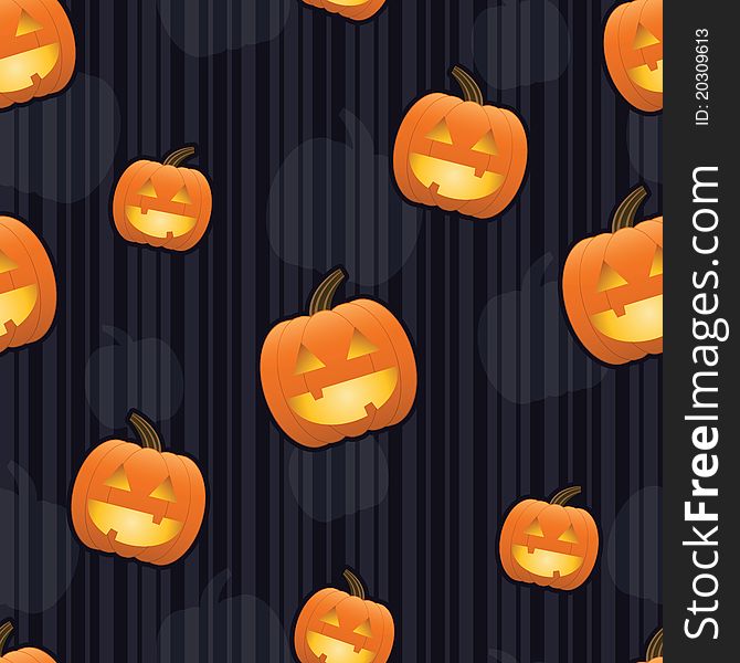 Smiling jack-o-lanterns with glowing faces arranged on a seamless striped tile; gradients used. Smiling jack-o-lanterns with glowing faces arranged on a seamless striped tile; gradients used.