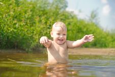 Adorable Baby Walk In River Stock Photo Adorable Baby Walk In River Stock Photo