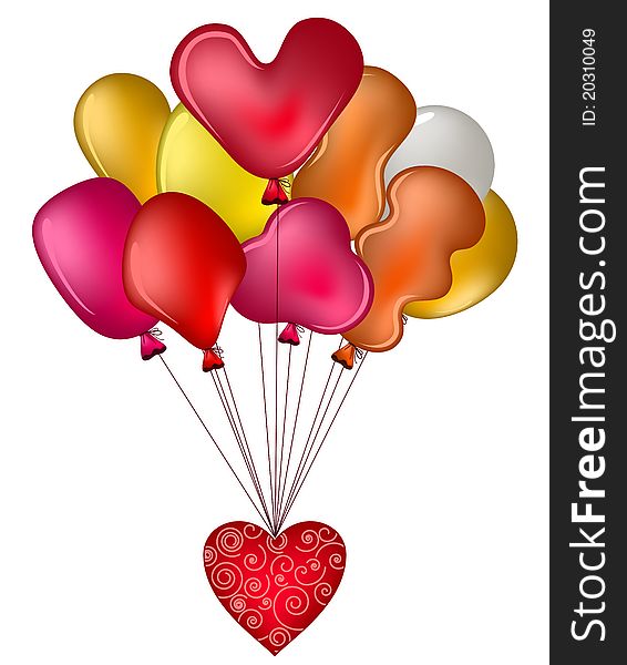 Balloons of the different form fly with a red valentine heart. Balloons of the different form fly with a red valentine heart