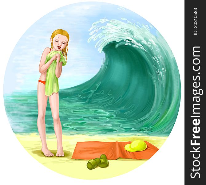 Girl on the beach illustration, Splashes of the wave