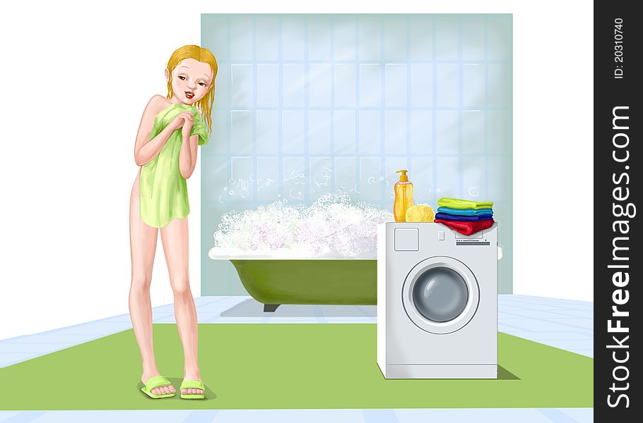 Girl washing in bathroom and cleaning