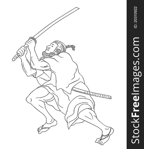 Illustration of a Samurai warrior with katana sword in fighting stance done in cartoon style black and white on isolated background. Illustration of a Samurai warrior with katana sword in fighting stance done in cartoon style black and white on isolated background