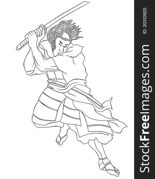 Samurai warrior with katana sword fighting stance