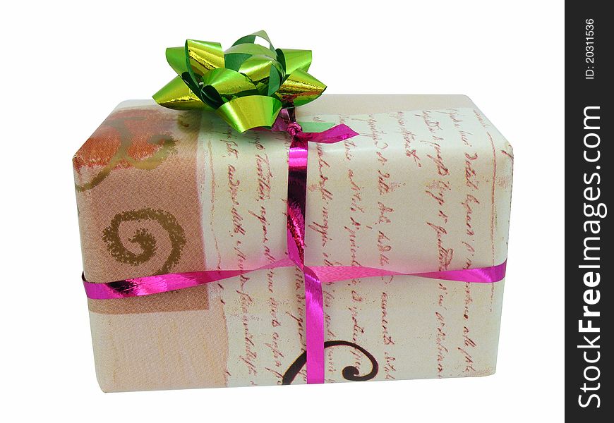 Christmas present with ribbon and decoration isolated