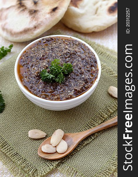 Delicious homemade mushroom pesto decorated with parsley